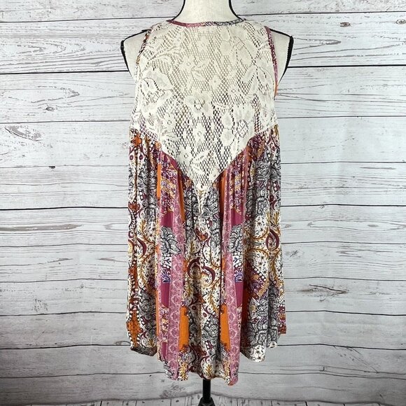 Free People XS floral X-Small Boho Trapeze Tunic Top Floral Sleeveless Lace m s - Picture 1 of 7